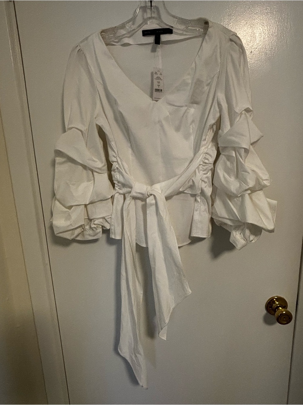 White House Black Market White Puff-Sleeve Wrap Blouse with Tie